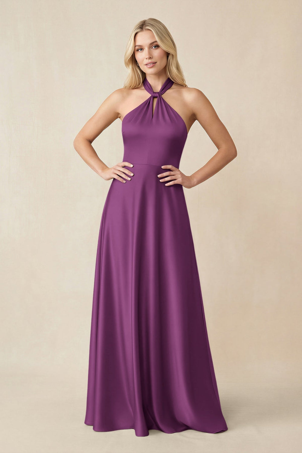 Halter Neck Satin A - Line Bridesmaid Gown with Bow in Fig - KISS BRIDAL Bridesmaid Dresses