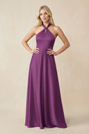 Halter Neck Satin A - Line Bridesmaid Gown with Bow in Fig - SHE IS ME Bridesmaid Dresses