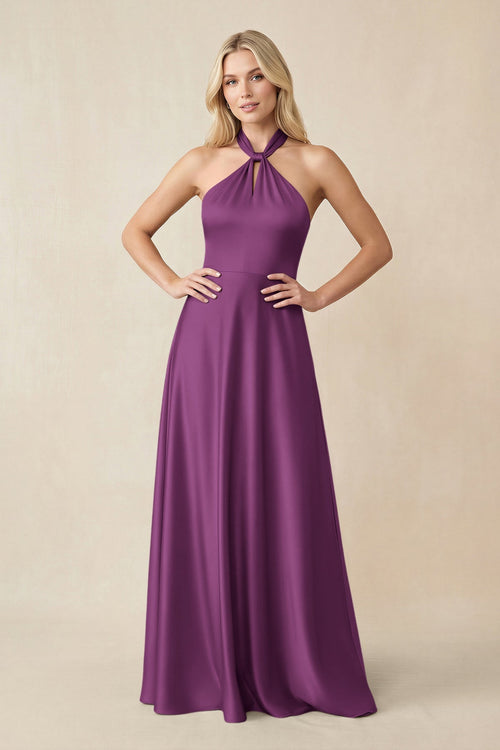 Halter Neck Satin A - Line Bridesmaid Gown with Bow in Fig - SHE IS ME Bridesmaid Dresses