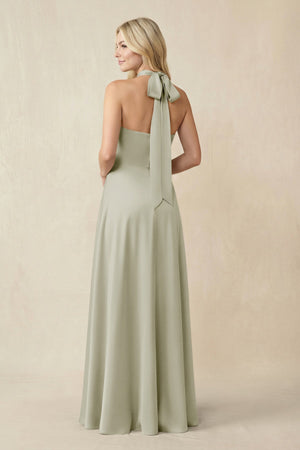 Halter Neck Satin A - Line Bridesmaid Gown with Bow in Frost - KISS BRIDAL Bridesmaid Dresses