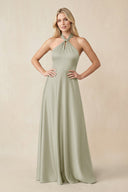 Halter Neck Satin A - Line Bridesmaid Gown with Bow in Frost - KISS BRIDAL Bridesmaid Dresses