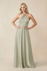 Halter Neck Satin A - Line Bridesmaid Gown with Bow in Frost - KISS BRIDAL Bridesmaid Dresses