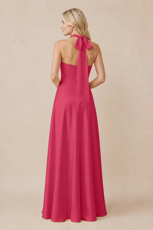 Halter Neck Satin A-Line Bridesmaid Gown with Bow in Fuchsia (2) | KISSBRIDAL