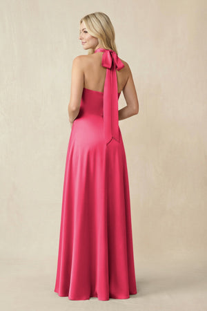 Halter Neck Satin A - Line Bridesmaid Gown with Bow in Fuchsia - KISS BRIDAL Bridesmaid Dresses