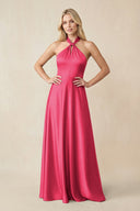 Halter Neck Satin A - Line Bridesmaid Gown with Bow in Fuchsia - KISS BRIDAL Bridesmaid Dresses