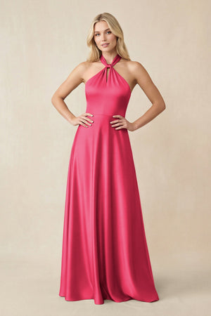 Halter Neck Satin A - Line Bridesmaid Gown with Bow in Fuchsia - KISS BRIDAL Bridesmaid Dresses