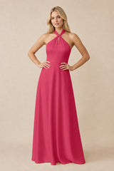 Halter Neck Satin A-Line Bridesmaid Gown with Bow in Fuchsia | KISSBRIDAL