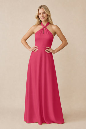Halter Neck Satin A-Line Bridesmaid Gown with Bow in Fuchsia | KISSBRIDAL