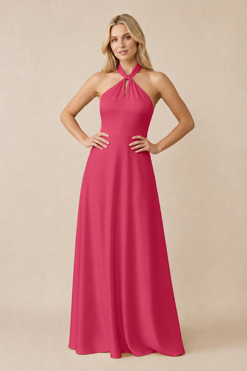 Halter Neck Satin A-Line Bridesmaid Gown with Bow in Fuchsia | KISSBRIDAL