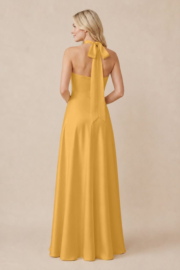 Halter Neck Satin A-Line Bridesmaid Gown with Bow in Gold (2) | KISSBRIDAL