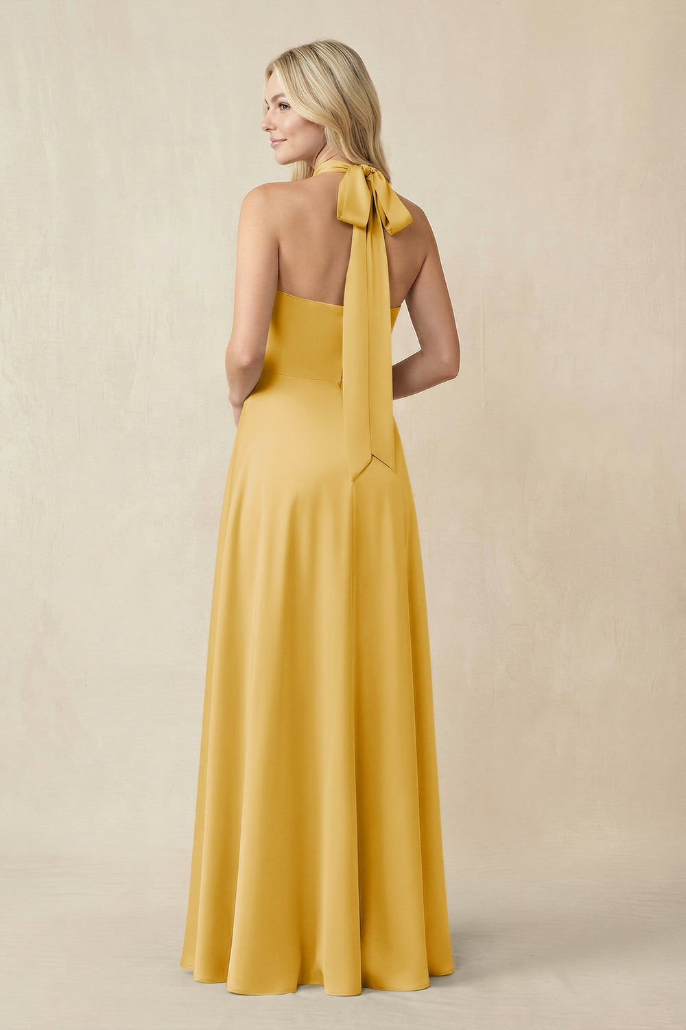Halter Neck Satin A - Line Bridesmaid Gown with Bow in Gold - KISS BRIDAL Bridesmaid Dresses