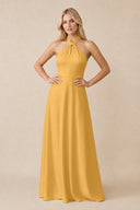 Halter Neck Satin A-Line Bridesmaid Gown with Bow in Gold | KISSBRIDAL