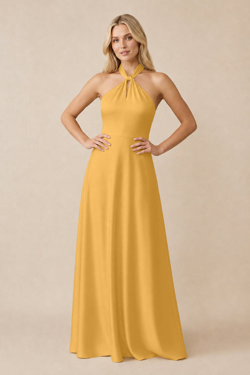 Halter Neck Satin A-Line Bridesmaid Gown with Bow in Gold | KISSBRIDAL