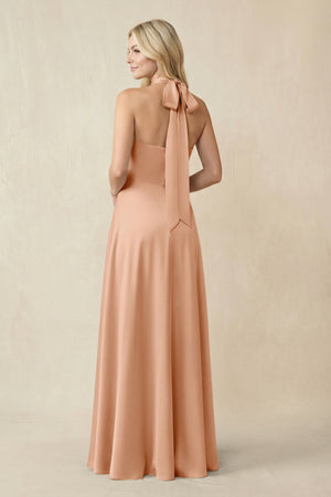 Halter Neck Satin A - Line Bridesmaid Gown with Bow in Golden Champagne - SHE IS ME Bridesmaid Dresses