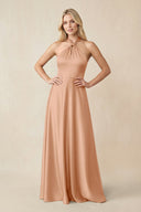 Halter Neck Satin A - Line Bridesmaid Gown with Bow in Golden Champagne - SHE IS ME Bridesmaid Dresses