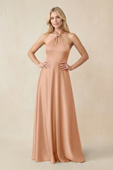 Halter Neck Satin A - Line Bridesmaid Gown with Bow in Golden Champagne - KISS BRIDAL Bridesmaid Dresses