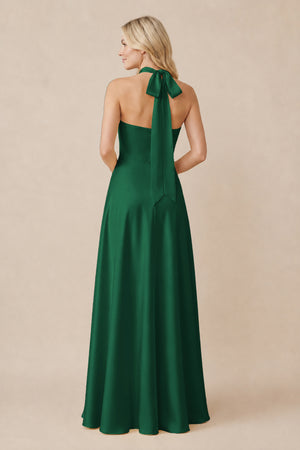 Halter Neck Satin A-Line Bridesmaid Gown with Bow in Green (2) | KISSBRIDAL