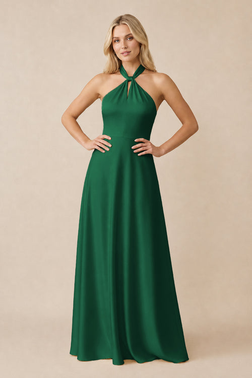 Halter Neck Satin A-Line Bridesmaid Gown with Bow in Green | KISSBRIDAL