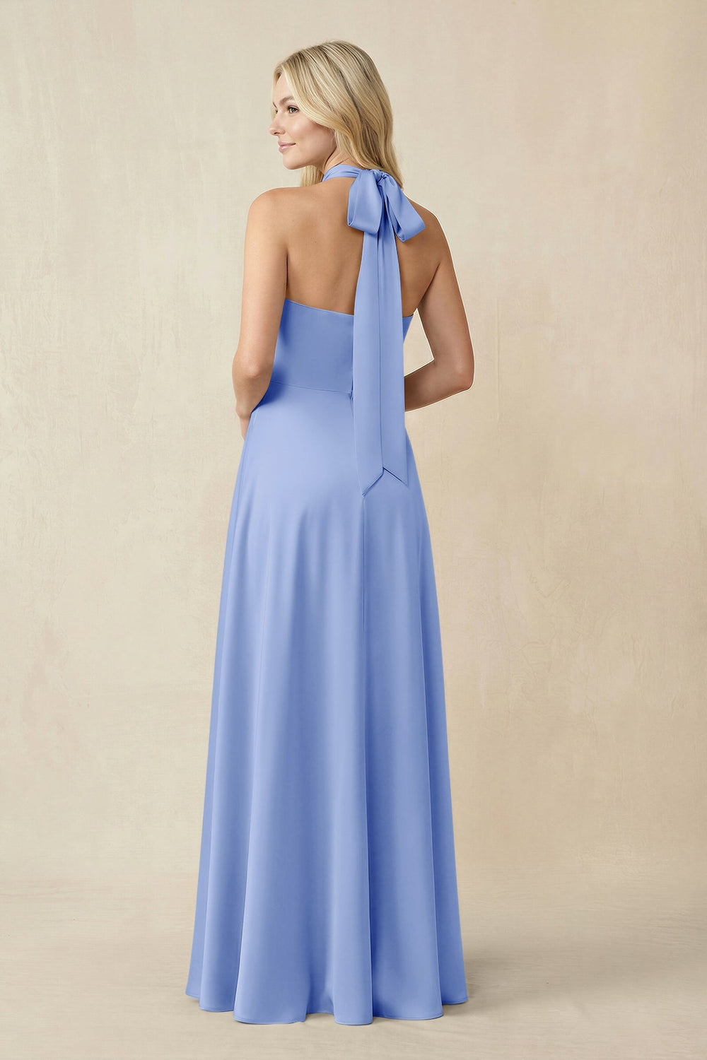 Halter Neck Satin A - Line Bridesmaid Gown with Bow in Ice - KISS BRIDAL Bridesmaid Dresses