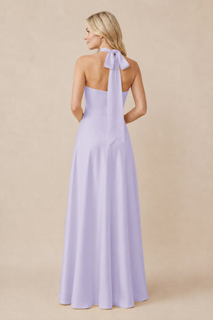 Halter Neck Satin A-Line Bridesmaid Gown with Bow in Lavender (2) | KISSBRIDAL
