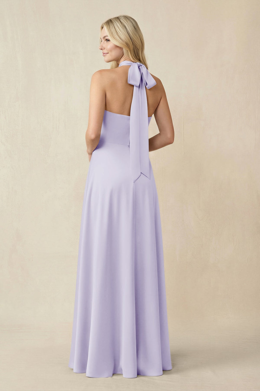 Halter Neck Satin A - Line Bridesmaid Gown with Bow in Lavender - KISS BRIDAL Bridesmaid Dresses