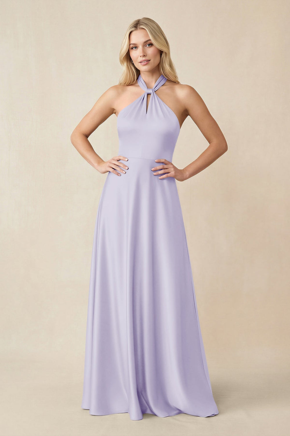 Halter Neck Satin A - Line Bridesmaid Gown with Bow in Lavender - KISS BRIDAL Bridesmaid Dresses