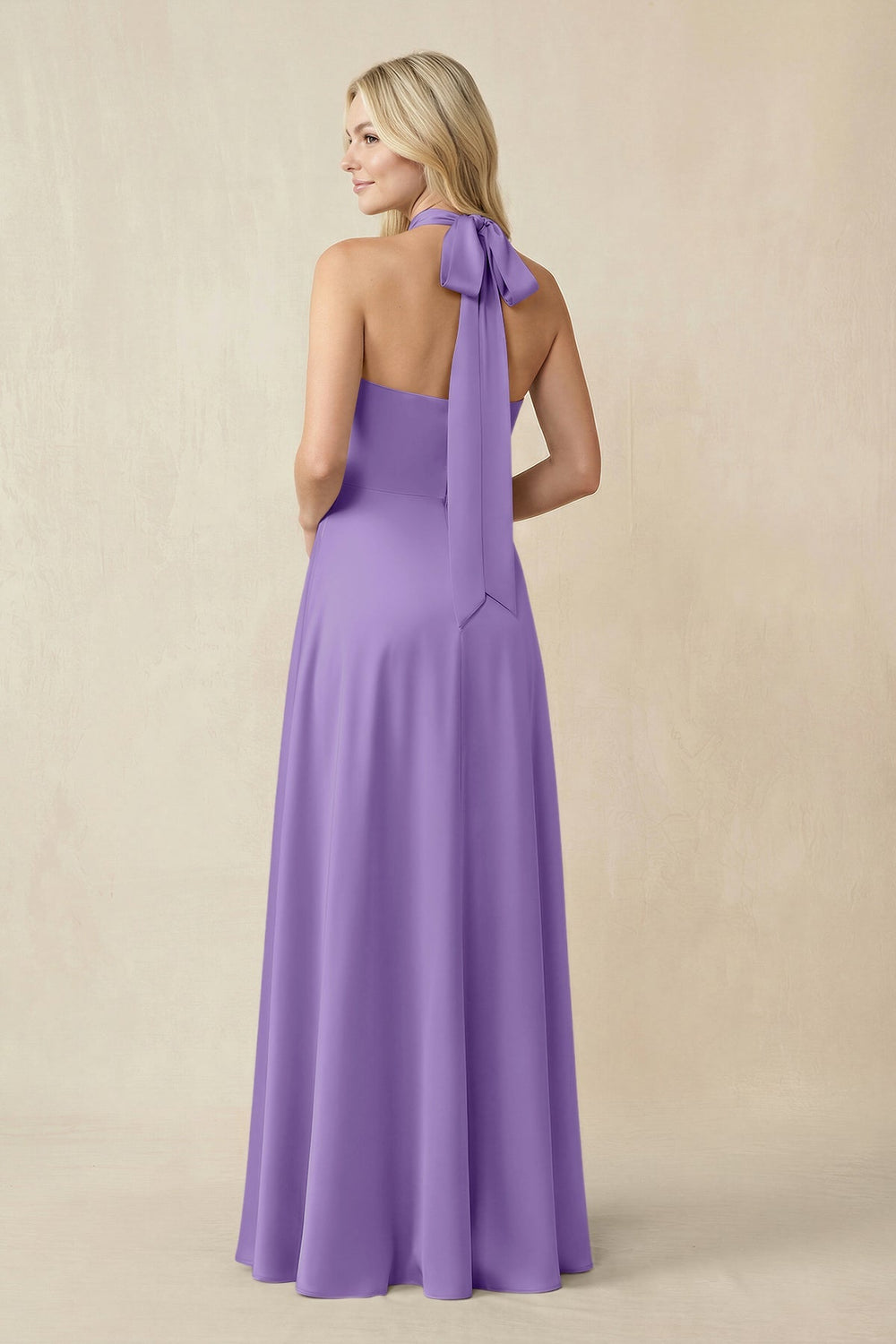 Halter Neck Satin A - Line Bridesmaid Gown with Bow in Lilac - KISS BRIDAL Bridesmaid Dresses