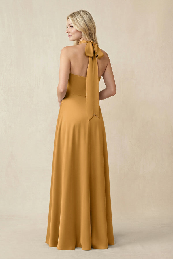 Halter Neck Satin A - Line Bridesmaid Gown with Bow in Marigold - KISS BRIDAL Bridesmaid Dresses