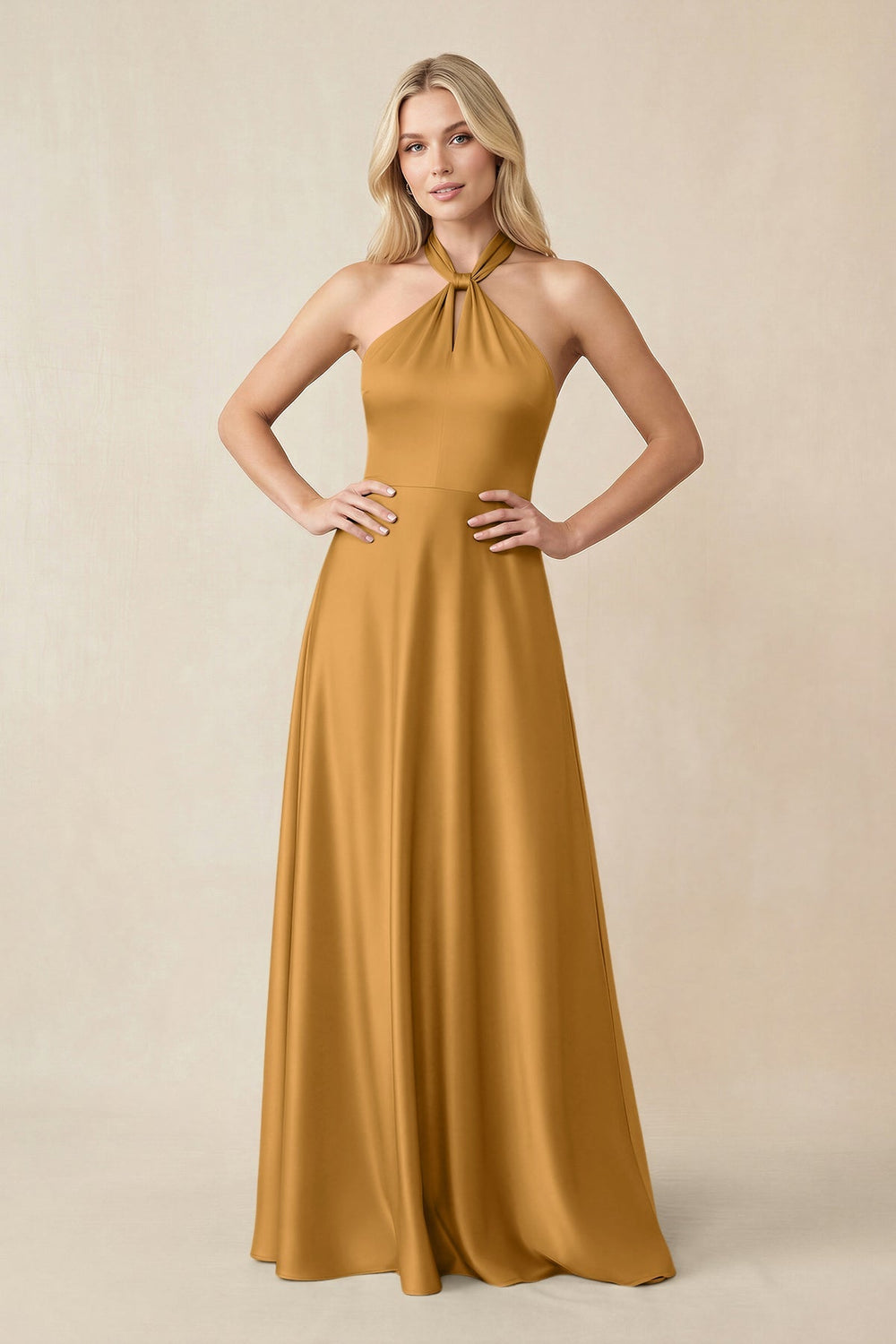 Halter Neck Satin A - Line Bridesmaid Gown with Bow in Marigold - KISS BRIDAL Bridesmaid Dresses
