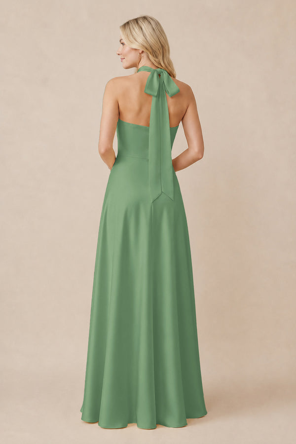Halter Neck Satin A-Line Bridesmaid Gown with Bow in Matcha (2) | KISSBRIDAL
