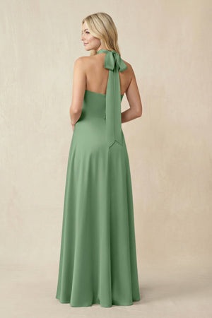Halter Neck Satin A - Line Bridesmaid Gown with Bow in Matcha - SHE IS ME Bridesmaid Dresses