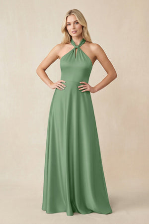 Halter Neck Satin A - Line Bridesmaid Gown with Bow in Matcha - SHE IS ME Bridesmaid Dresses