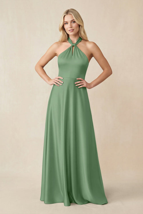 Halter Neck Satin A - Line Bridesmaid Gown with Bow in Matcha - SHE IS ME Bridesmaid Dresses