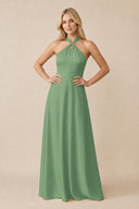 Halter Neck Satin A-Line Bridesmaid Gown with Bow in Matcha | KISSBRIDAL