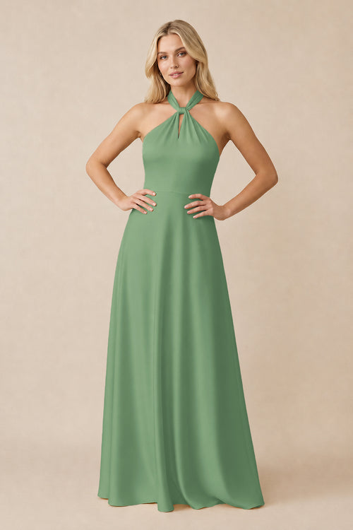 Halter Neck Satin A-Line Bridesmaid Gown with Bow in Matcha | KISSBRIDAL