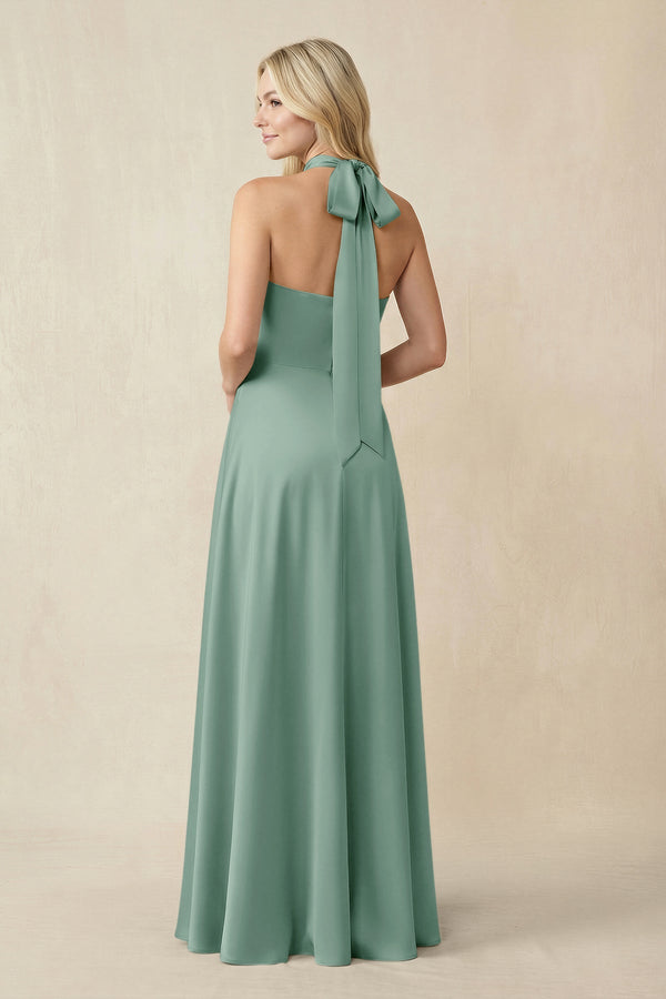 Halter Neck Satin A - Line Bridesmaid Gown with Bow in Mint Green - KISS BRIDAL Bridesmaid Dresses