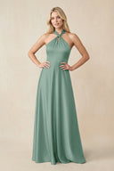 Halter Neck Satin A - Line Bridesmaid Gown with Bow in Mint Green - KISS BRIDAL Bridesmaid Dresses