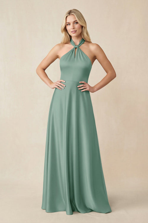 Halter Neck Satin A - Line Bridesmaid Gown with Bow in Mint Green - KISS BRIDAL Bridesmaid Dresses