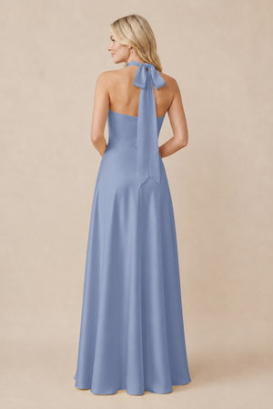 Halter Neck Satin A-Line Bridesmaid Gown with Bow in Mist (2) | KISSBRIDAL