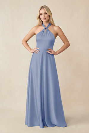 Halter Neck Satin A - Line Bridesmaid Gown with Bow in Mist - SHE IS ME Bridesmaid Dresses