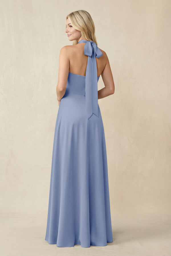 Halter Neck Satin A - Line Bridesmaid Gown with Bow in Mist - SHE IS ME Bridesmaid Dresses