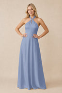 Halter Neck Satin A-Line Bridesmaid Gown with Bow in Mist | KISSBRIDAL