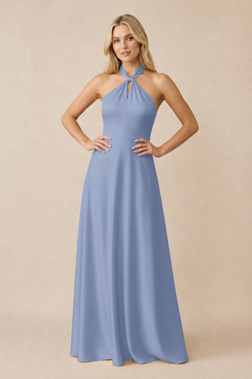 Halter Neck Satin A-Line Bridesmaid Gown with Bow in Mist | KISSBRIDAL