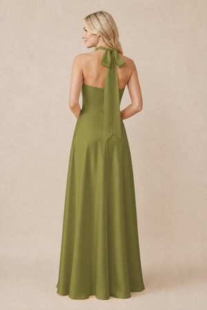 Halter Neck Satin A-Line Bridesmaid Gown with Bow in Moss Green (2) | KISSBRIDAL