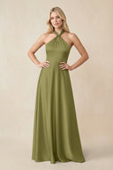 Halter Neck Satin A - Line Bridesmaid Gown with Bow in Moss Green - KISS BRIDAL Bridesmaid Dresses