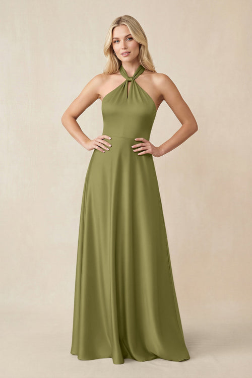 Halter Neck Satin A - Line Bridesmaid Gown with Bow in Moss Green - KISS BRIDAL Bridesmaid Dresses