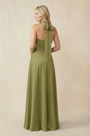 Halter Neck Satin A - Line Bridesmaid Gown with Bow in Moss Green - KISS BRIDAL Bridesmaid Dresses