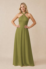 Halter Neck Satin A-Line Bridesmaid Gown with Bow in Moss Green | KISSBRIDAL
