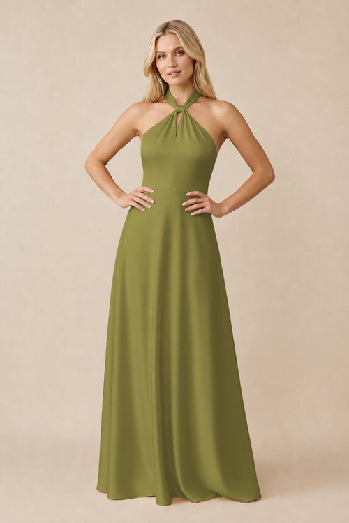 Halter Neck Satin A-Line Bridesmaid Gown with Bow in Moss Green | KISSBRIDAL