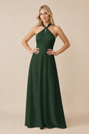 Halter Neck Satin A-Line Bridesmaid Gown with Bow in Moss | KISSBRIDAL